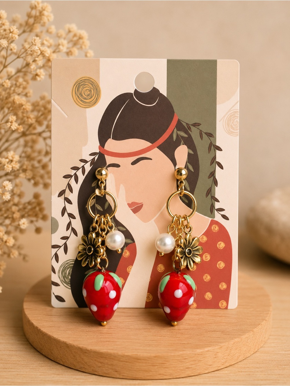 Gold-Tone Red Strawberry Drop Earrings with Pearl Accent